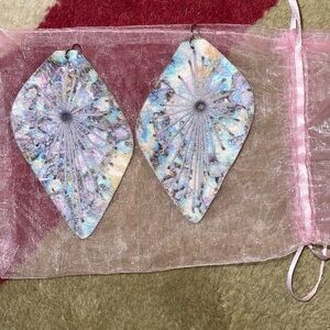 Blue marble diamond shaped leather earrings- medium size